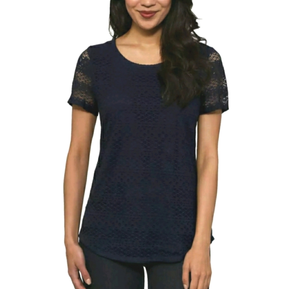 Leo & Nicole Navy Blue Crochet Overlay Blouse Size Large NWT